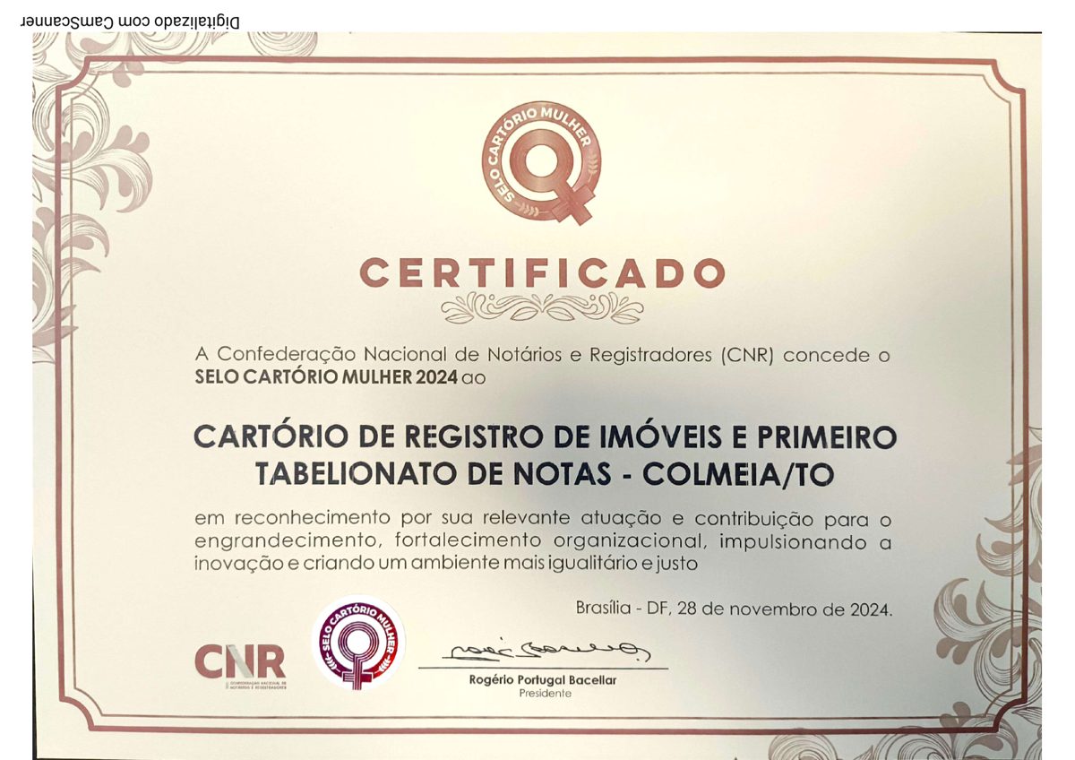 Certificado do Selo Cartório Mulher 2024, concedido pela CNR em Brasília em 28 de novembro de 2024