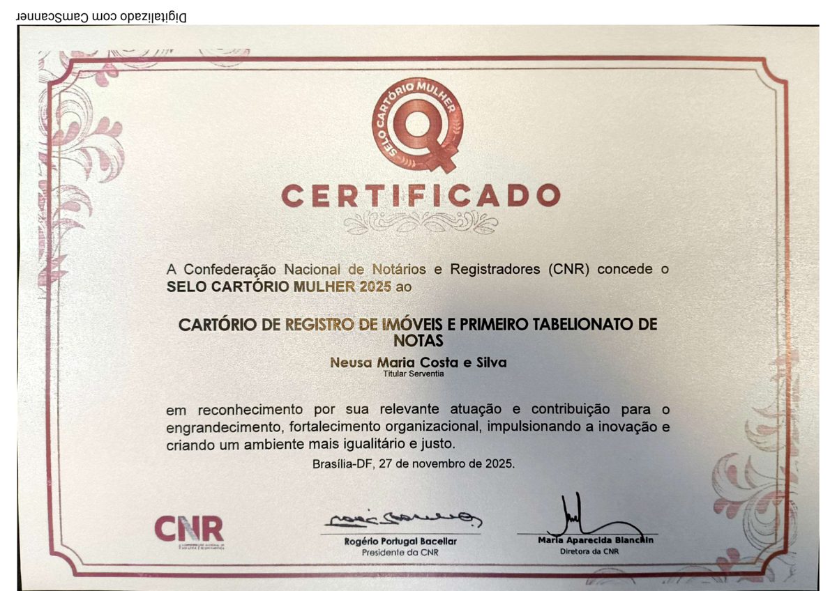 Certificado do Selo Cartório Mulher 2025, concedido pela CNR em Brasília em 27 de novembro de 2025