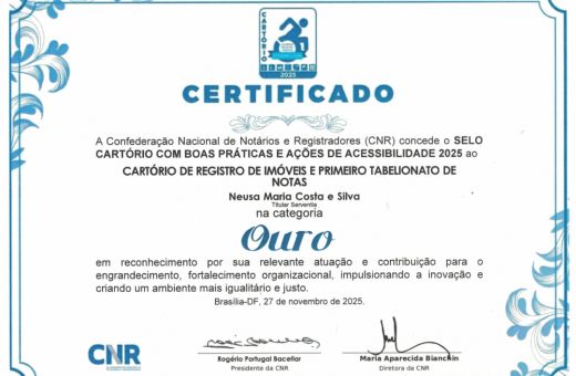 Reconhecimento nacional: Cartório conquista Selo Ouro de Acessibilidade da CNR